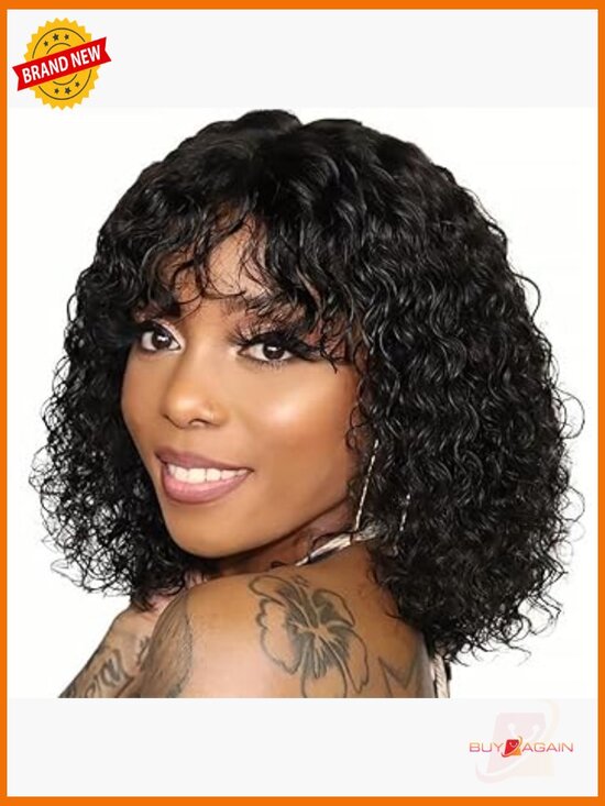 Short Human Hair Wig with Bangs Brazilian Non Lace 150 Density Curly Bob main image 5